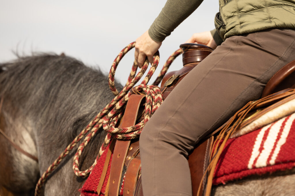 Nahaufnahme einer Reiterin auf dem Pferd - gute Gewohnheiten ermöglichen harmonisches Reiten.