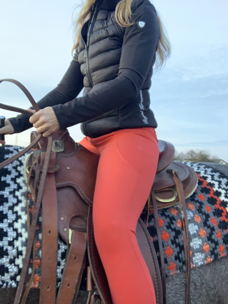 Reiterin auf dem Pferd in schwarzer Hybridjacke und Reithose von Royal Horsemen